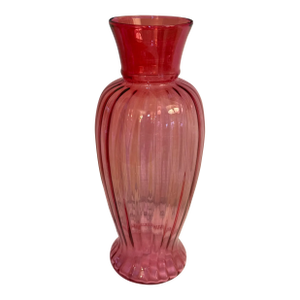 Contemporary Ribbed Cranberry Pink Glass Vase - 16 Inches Tall
