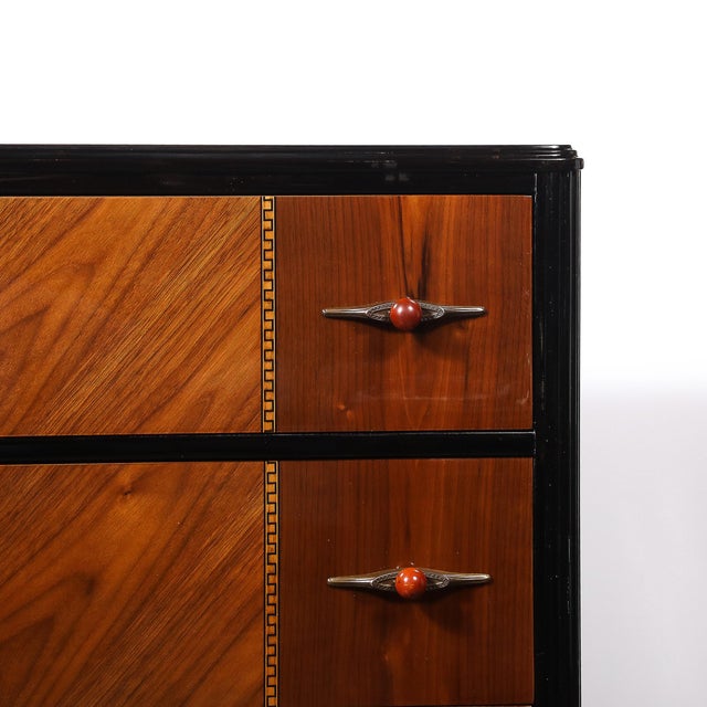 1930s Art Deco Book-Matched Walnut & Black Lacquer Detailed Chest W/ Bakelite Pulls For Sale - Image 5 of 18