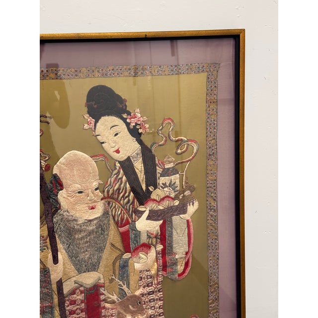 Shou Lao + Deer Silk Vintage Embroidery, Framed For Sale - Image 10 of 12