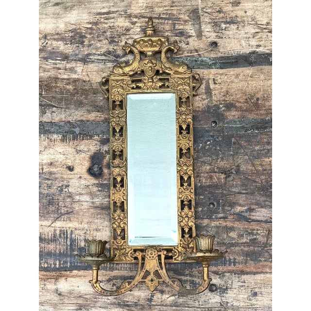 Hollywood Regency Vintage Girandole Gilt Bronze Candlestick Mirror For Sale - Image 3 of 12