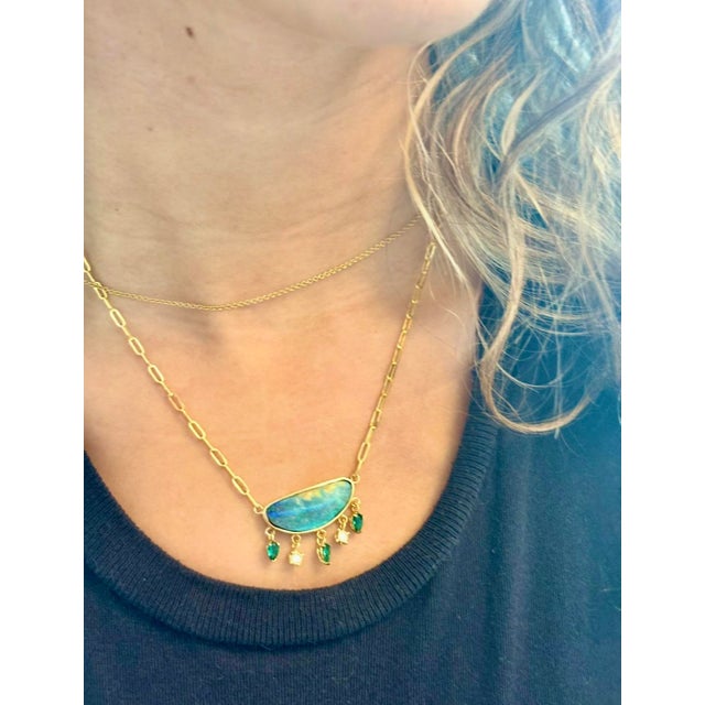 14k Gold Australian Opal Necklace With Emeralds & Diamonds For Sale - Image 9 of 12
