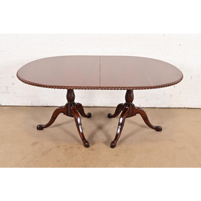 Wood Baker Furniture Style Georgian Carved Walnut Double Pedestal Extension Dining Table, Newly Refinished For Sale - Image 7 of 14