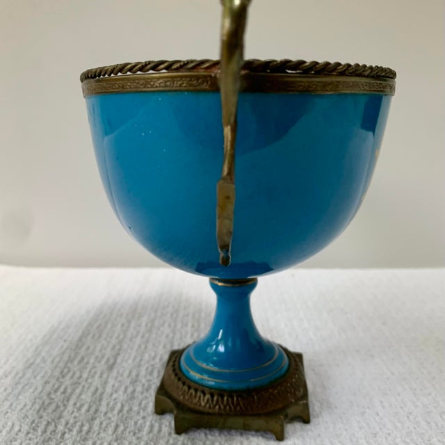French Antique French Sèvres-Style Turquoise Porcelain Compote With Gilt Bronze Mounts For Sale - Image 3 of 13