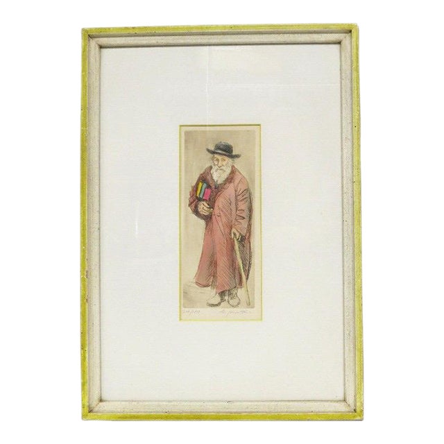 Mid-Century Modern Scholar Hand-Colored Signed Etching by Quintana Limited Edition 24/100 For Sale