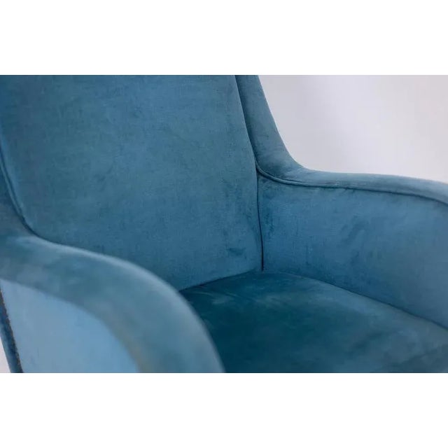 Blue Velvet Armchair with Beech Base, 1950s For Sale - Image 6 of 9