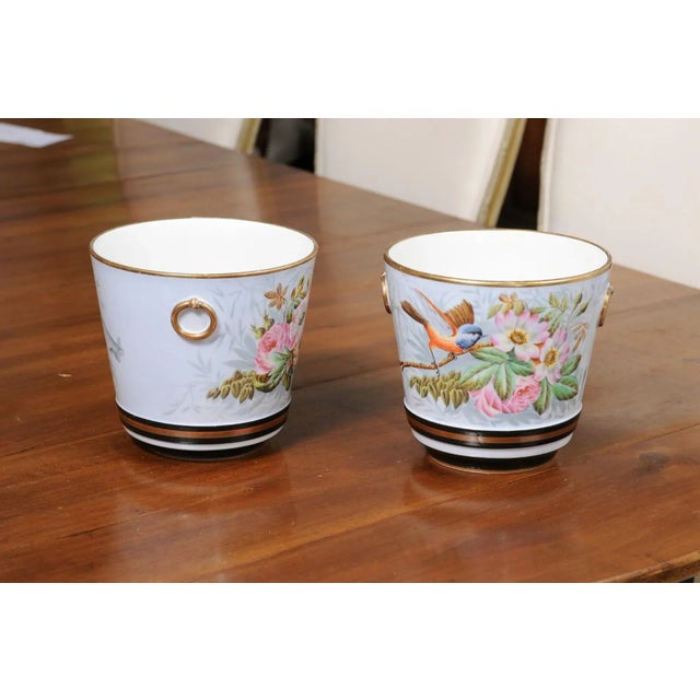 A pair of Porcelain de Paris cachepots planters from the 19th century, with hand-painted bird and floral motifs, and gilt...