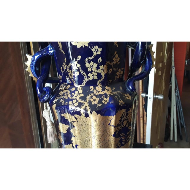 Late 19th Century 19thc French Antique Art Nouveau XL Cobalt Blue With Gilt Floral/ Insect Palace Covered Porcelain Urn For Sale - Image 5 of 10