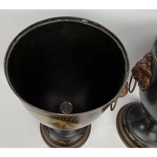 Pair of Vintage Neoclassical Painted Toleware Lidded Urns With Lion Mask Handles For Sale - Image 4 of 12
