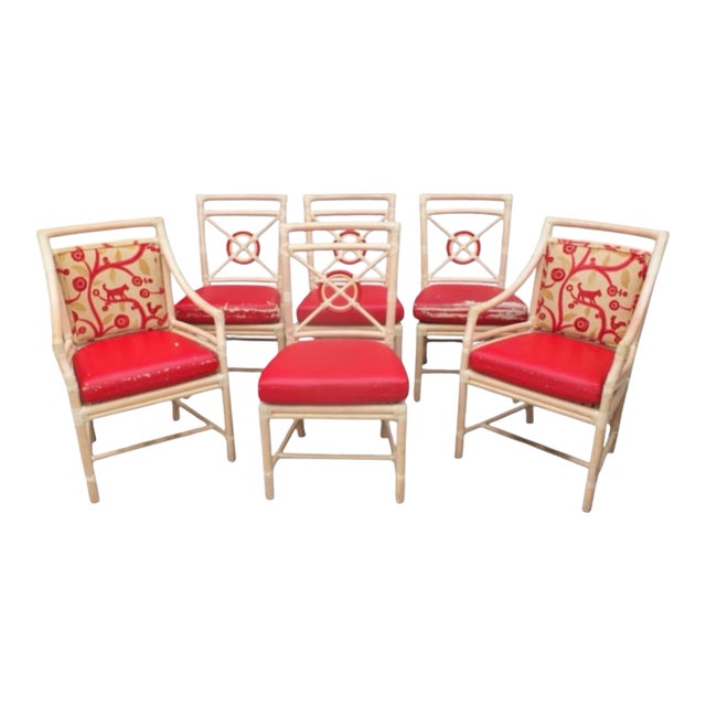 Set of Six McGuire Bamboo Target Back Dining Chairs For Sale