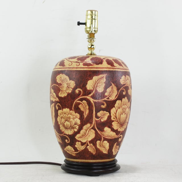 Transitional Vintage Hand Painted Brown and Cream Floral Ceramic Table Lamp With Peony Motif and Wood Base For Sale - Image 3 of 13