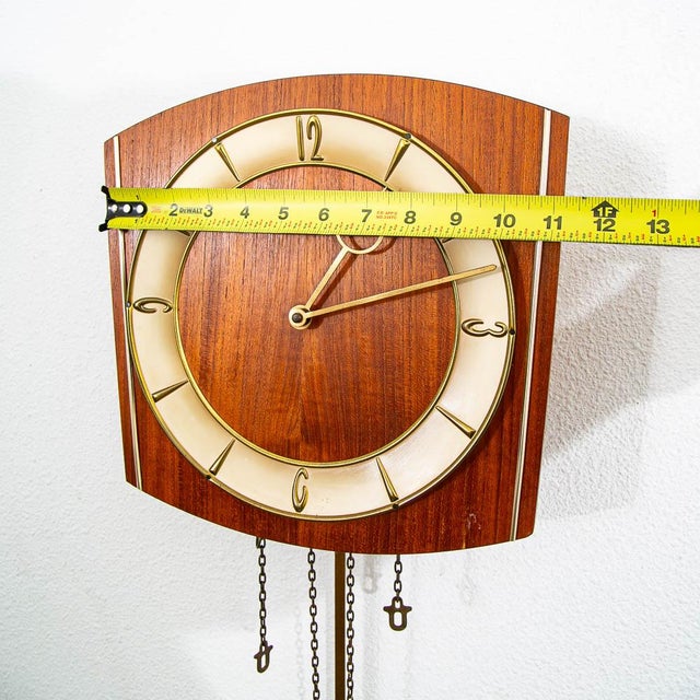 Mid Century Modern Wall Clock Teak Pendulum Weights Brixon Denmark Chime For Sale - Image 10 of 10