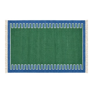 Handmade Cotton Vegetable Dyed Rug, Forest Green, White and Blue Zig Zag Striped Dhurrie-5'x7' For Sale