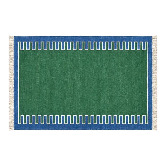 Handmade Cotton Vegetable Dyed Rug, Forest Green, White and Blue Zig Zag Striped Dhurrie-5'x7' For Sale