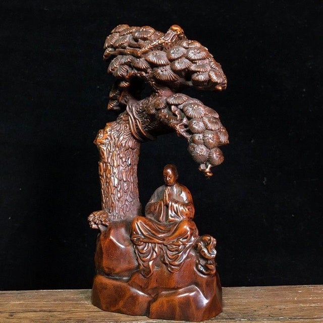 Late 20th Century Hand-Carved Boxwood Figure of a Monk Under a Pine Tree For Sale - Image 5 of 9