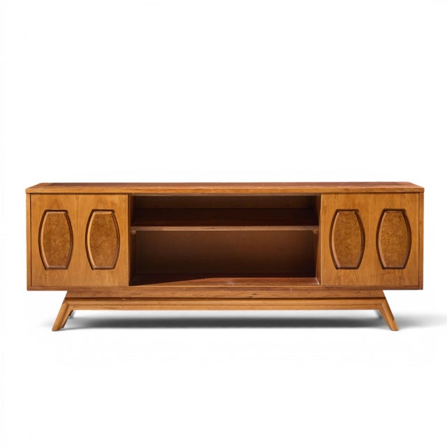 Brown Young Manufacturing Mid Century Walnut and Burlwood Sliding Door Credenza and Hutch For Sale - Image 8 of 12