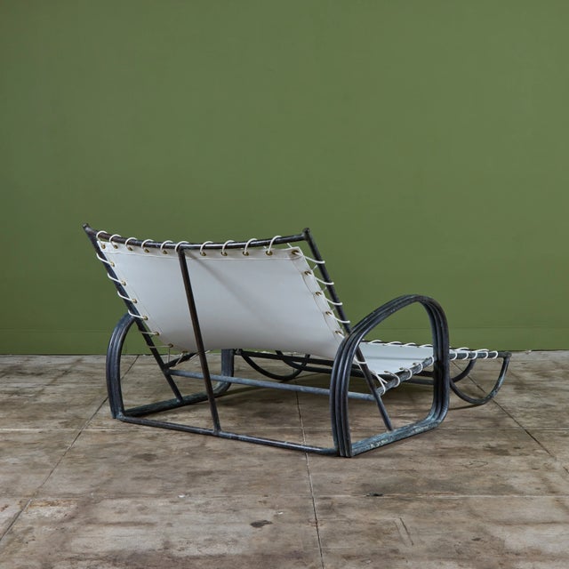 Metal Early Walter Lamb Bronze & Canvas Double Wide Patio Chaise Lounge For Sale - Image 7 of 16