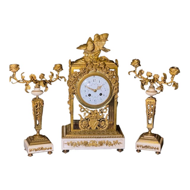19th C French Louis XVI Bronze Crystal Clock Set 3Pc For Sale