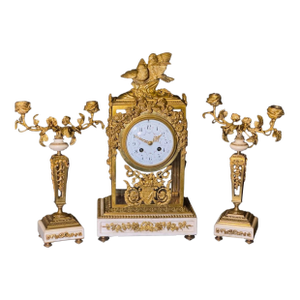 19th C French Louis XVI Bronze Crystal Clock Set 3Pc