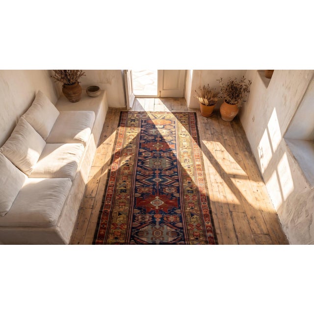 Navy Blue 1870s Navy Blue Geometric Tribal Antique Nw Persian Hand Knotted Rug 3'6" X 11'2" Wool Carpet For Sale - Image 8 of 9