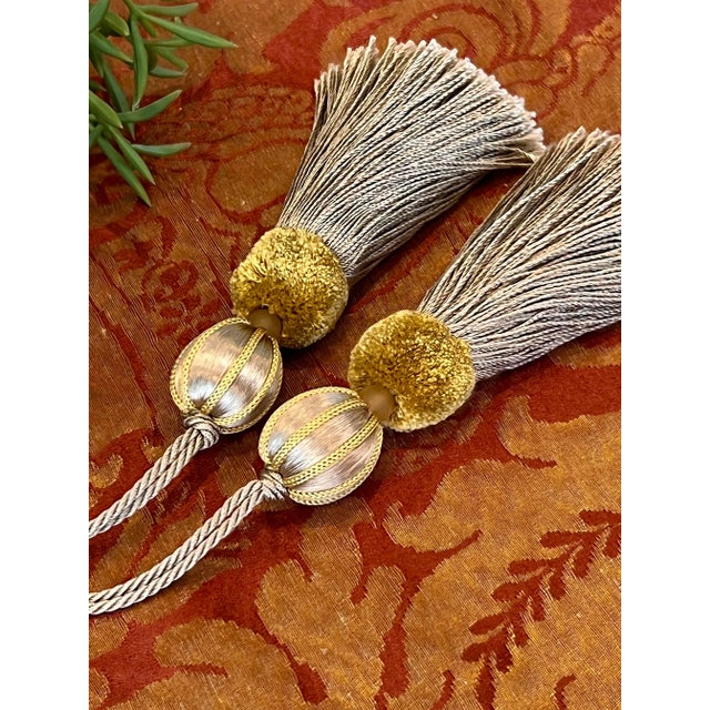 Textile Pair of Satin Beaded Key Tassels in Antique Mineral Color With Cut Velvet Ruche For Sale - Image 7 of 13