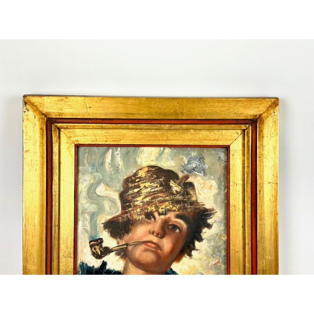 R. Landi, Boy with Pipe and Straw Hat, Oil on Canvas, 1960s, Framed For Sale - Image 3 of 15
