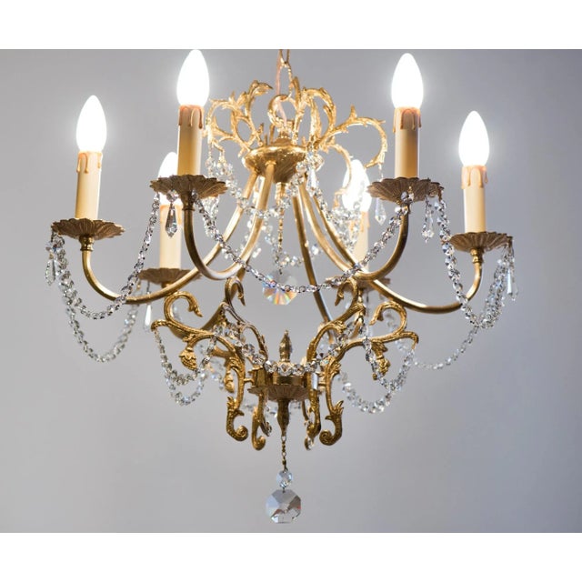 1970s Spanish Hollywood Regency Brass 6-Light Chandelier With Crystals For Sale - Image 9 of 13