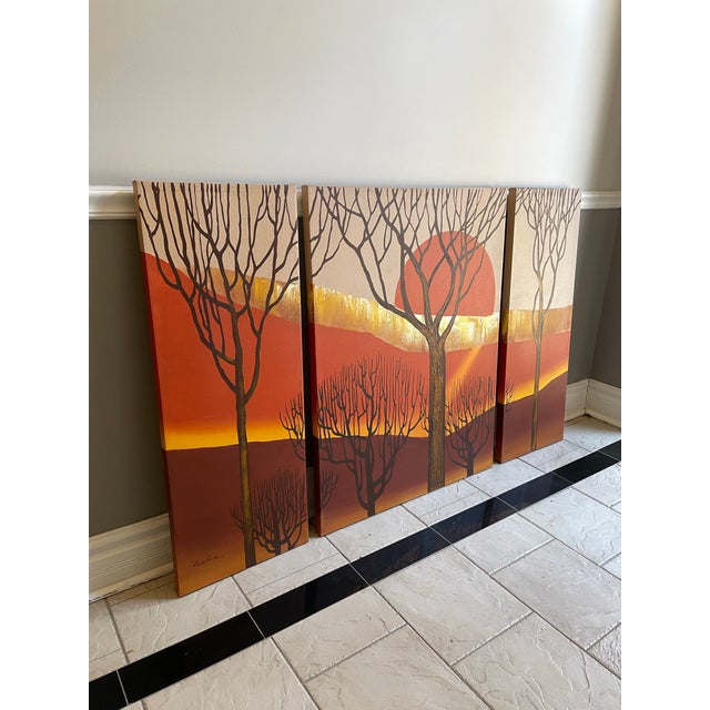 Vintage 1970s Letterman Style Hand-Painted Sunset Triptych – Original Studio Artwork, Signed For Sale - Image 4 of 10