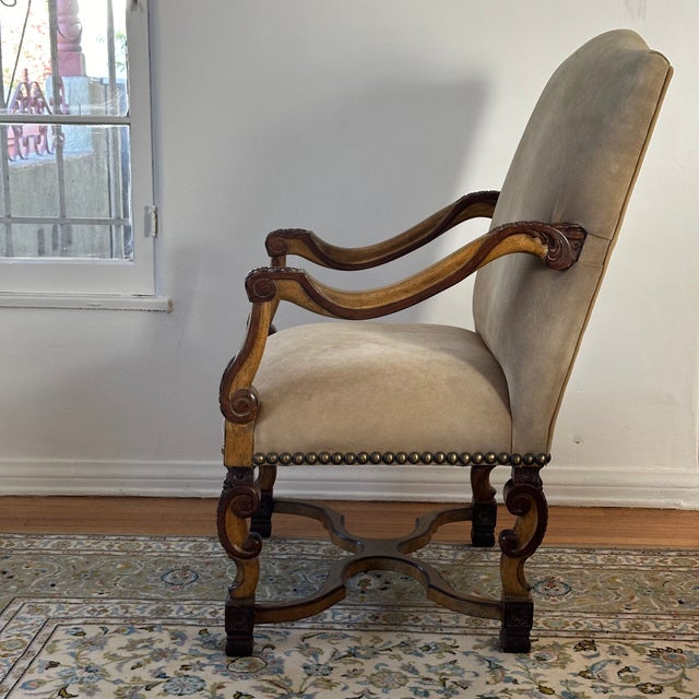 Late 20th Century Vintage Richelieu Arm Chair in Antiqued Wood, Suede and Metallic Studs by Kreiss, a Pair For Sale - Image 5 of 12