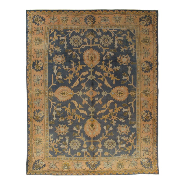 Antique Oushak Carpet, Handmade Oriental Rug Made in Turkey, Peach, Blue, Ivory For Sale