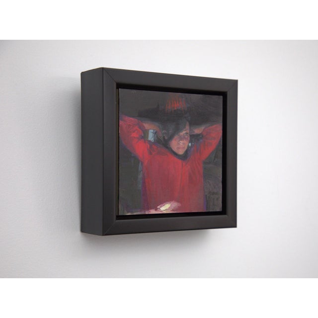Contemporary The Big Mirror 1 by Elena Burykina | Oil on panel Woman in a red shirt adjusting her hair. For Sale - Image 3 of 3