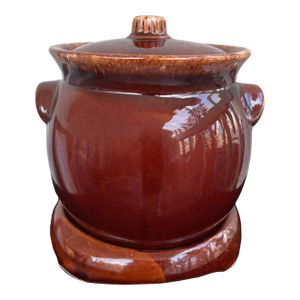 Vintage Hull Oven Proof Brown Drip Bean Pot With Lid & Original Serving Stand – Mid-Century American Pottery
