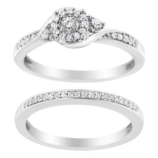 .925 Sterling Silver 1/4 Cttw Diamond Halo and Swirl Engagement Ring and Wedding Band Set (I-J Color, I3 Clarity)- Ring Size 6 For Sale
