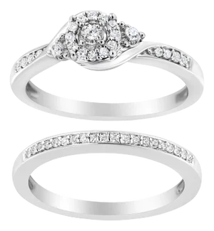 .925 Sterling Silver 1/4 Cttw Diamond Halo and Swirl Engagement Ring and Wedding Band Set (I-J Color, I3 Clarity)- Ring Size 6