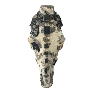 Large Mixed Media Skull Sculpture With Lace and Pearls