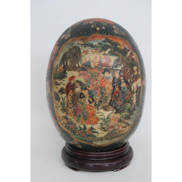 Japanese Satsuma Style Hand Painted Porcelain Egg 2pc Including Wood Display Stand 5062b For Sale - Image 3 of 13