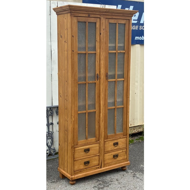 Arts & Crafts Pine Glazed Bookcase or Storage Cupboard With Four Drawers For Sale - Image 3 of 17