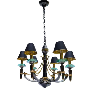 Italian Black Brass 6-Light Murano Crystal Chandelier With Metal Shades