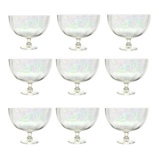 1970s Vintage 9 Lustre Iridescent Rainbow Pearl Optic Coupe Footed Dessert Bowls - Set of 9 For Sale