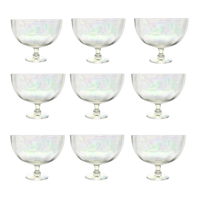 1970s Vintage 9 Lustre Iridescent Rainbow Pearl Optic Coupe Footed Dessert Bowls - Set of 9 For Sale