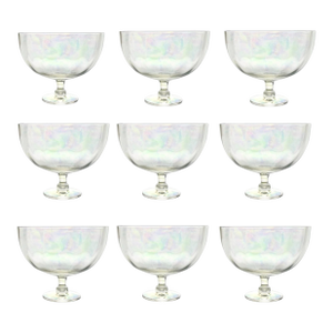 1970s Vintage 9 Lustre Iridescent Rainbow Pearl Optic Coupe Footed Dessert Bowls - Set of 9
