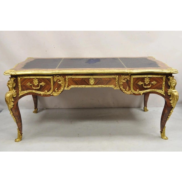 Late 20th Century French Louis XV Style Figural Bronze Ormolu Leather Top Bureau Plat Writing Desk For Sale - Image 10 of 12