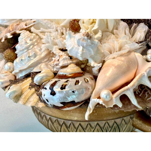 Coastal Seashell Art Urn Centerpiece – Nautical Beach Cottage Decor, Shell Composition With Pearls. For Sale In Naples, FL - Image 6 of 11