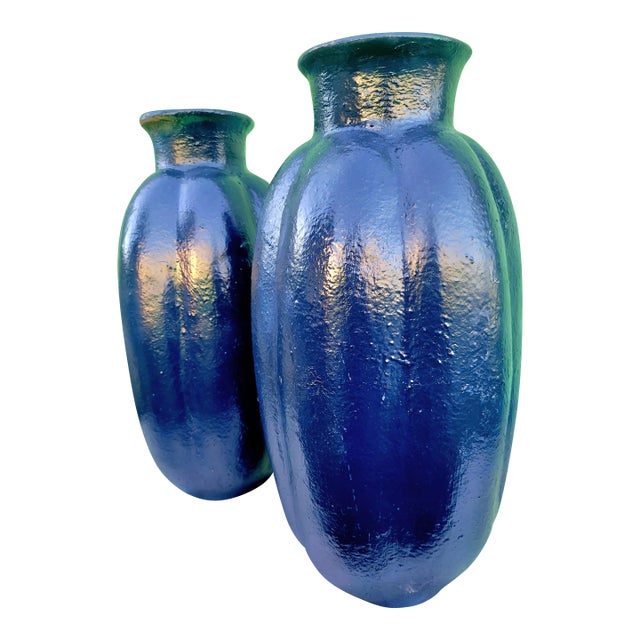 Custom Painted Navy Blue Large Clay Floral Vases Vessels- a Pair For Sale