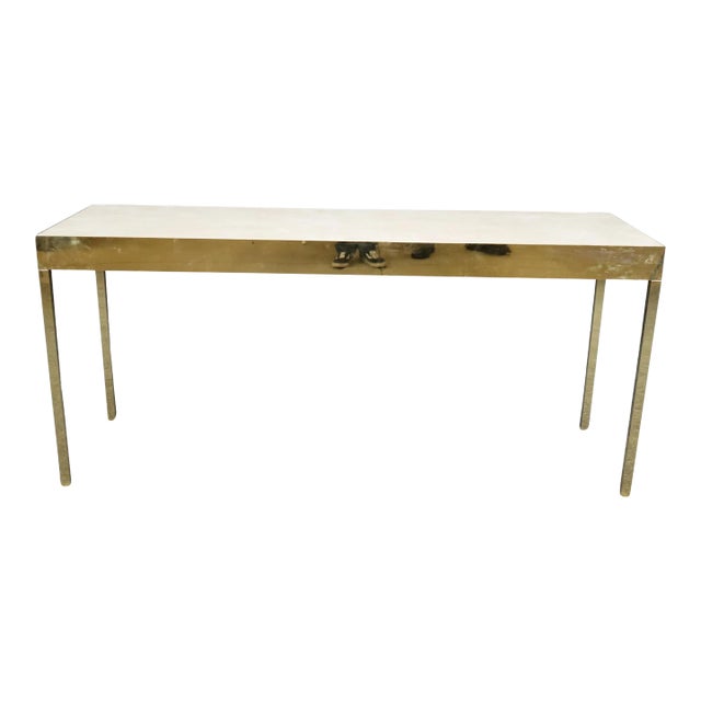 Sleek Contemporary Brass Flashed Faux Leather Milo Baughman Style Console Table For Sale