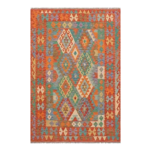 Caucasian Kilim Blue Rust Wool Rug - 4'11" X 6'7"