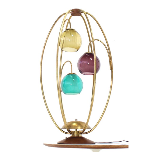 Mid-Century Modern Oval "Bird Cage" Brass Table Lamp Purple Blue Yellow Glass Globe Shades MINT! For Sale - Image 3 of 10