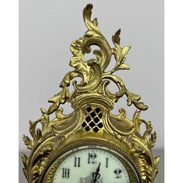 French Ornate Brass Mantel Clock with Key For Sale - Image 5 of 16