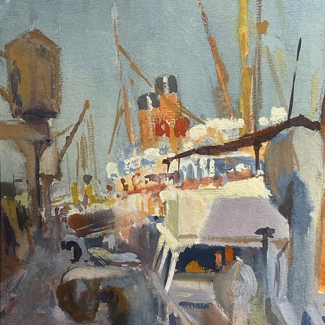 Jules Van De Leene, Marine Liner at Dock, 1920s, Gouache For Sale - Image 6 of 12
