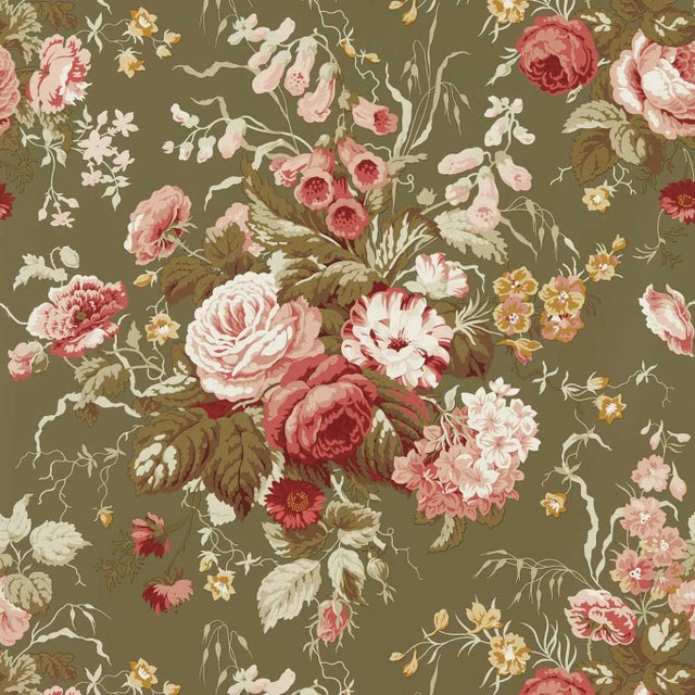 Sanderson Stapleton Park Wallpaper in Olive/Bengal Red For Sale