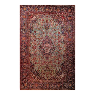 Early 20th Century Persian Kashan Rug, Hand-Knotted Wool, Floral Pattern, Turquoise & Red,6x9 For Sale